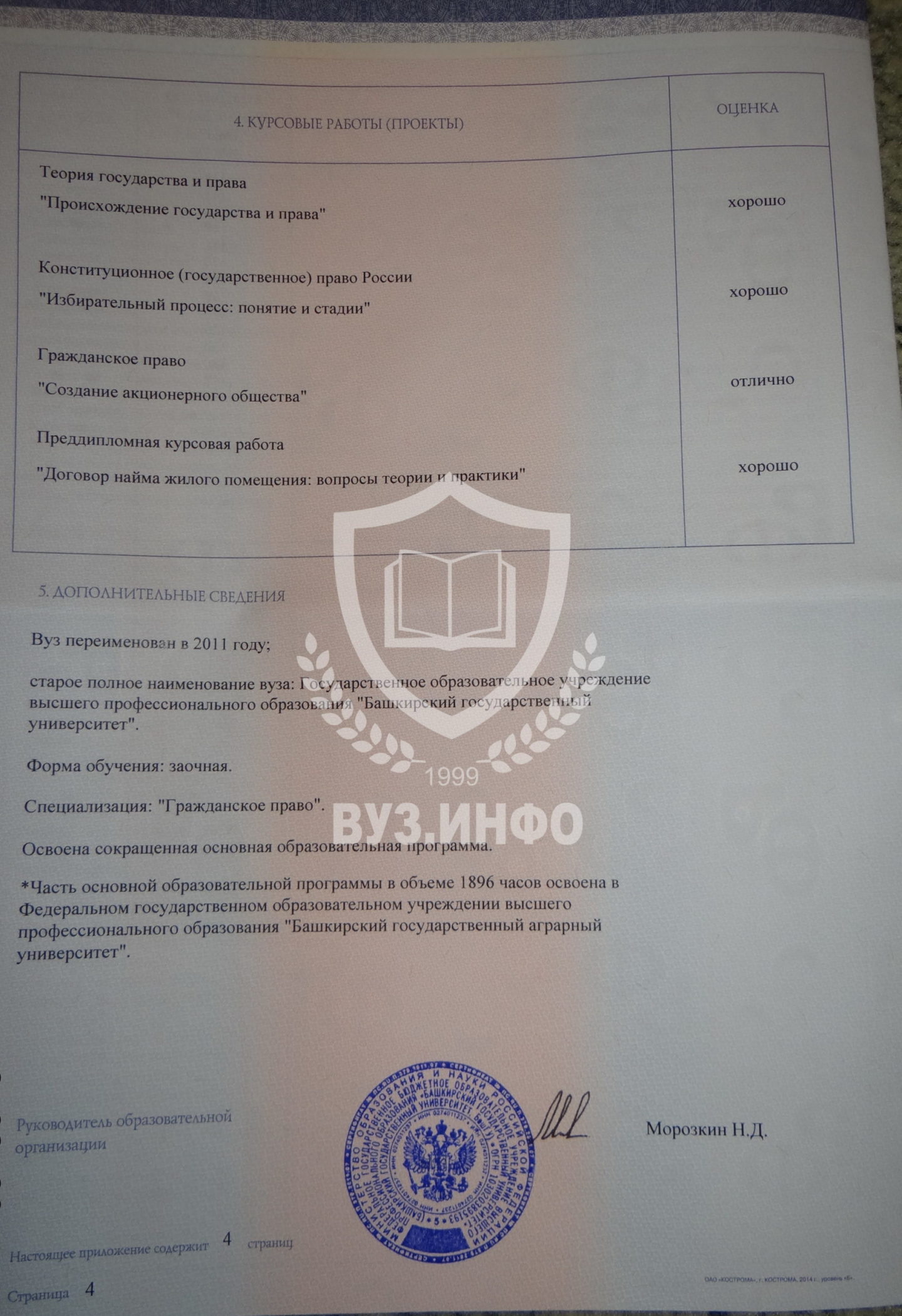 Приложение диплома БашГУ 2014 года Специальность Юриспруденция на бланке Кострома